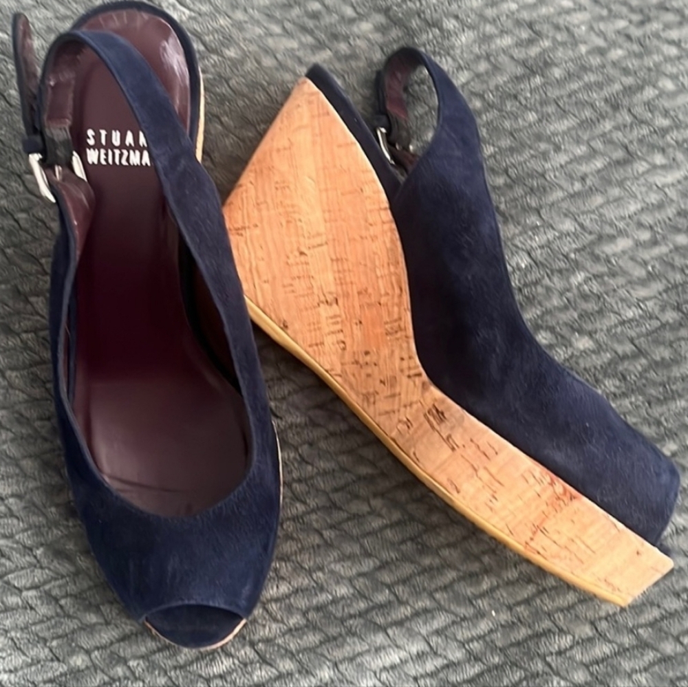 Stuart Weitzman Navy Blue Suede Wedges
